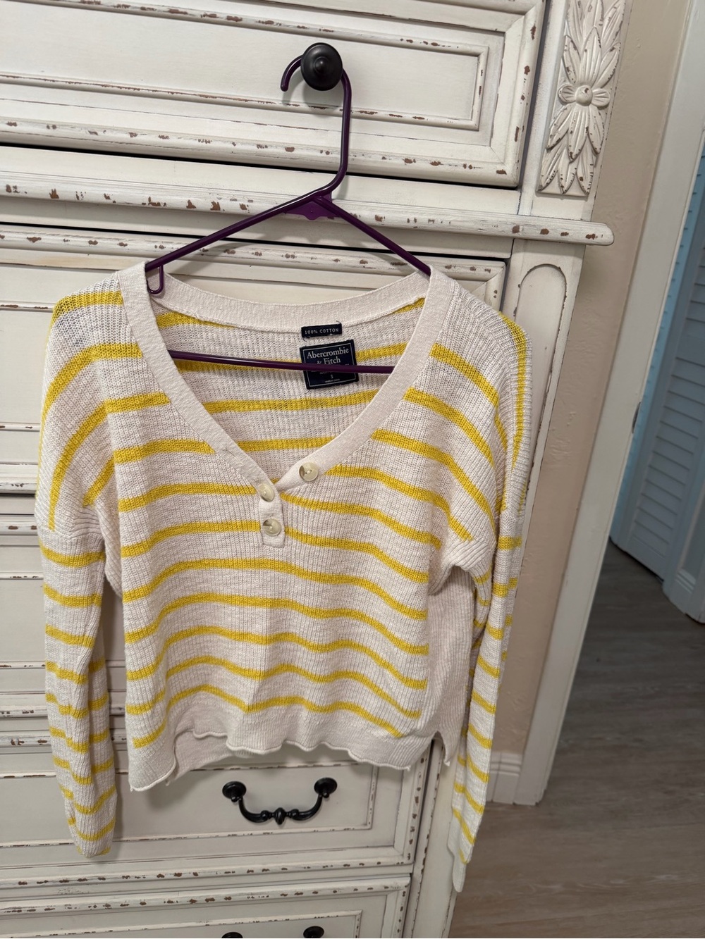 Abercrombie & Fitch Cream with Yellow Stripes V-Neck Button Sweater